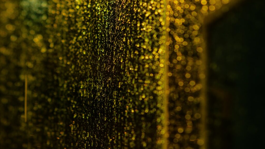 Golden droplets of light scattered across a dark window at night